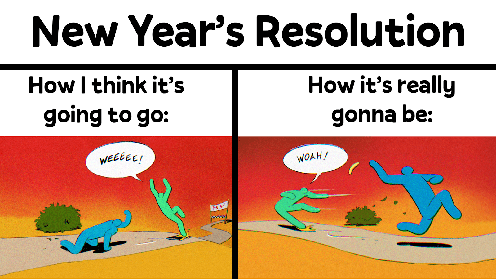New Year’s resolution expectations versus reality: Stompers characters imagine an easy run to the finish, then slip on a banana peel.